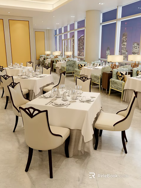 Elegant Restaurant With White Tablecloths Beige Chairs Black Trim Yellow Walls And City View 3d model 