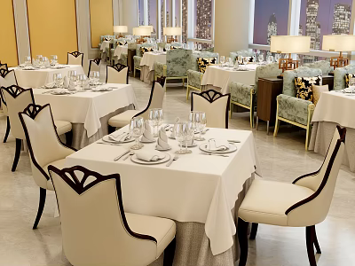 Elegant Restaurant With White Tablecloths Beige Chairs Black Trim Yellow Walls And City View 3d model
