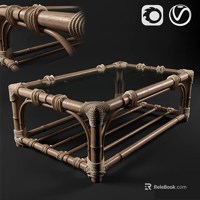 Handcrafted Bamboo Woven Coffee Table With Clear Glass Top And Intricate Design Details 3d model 