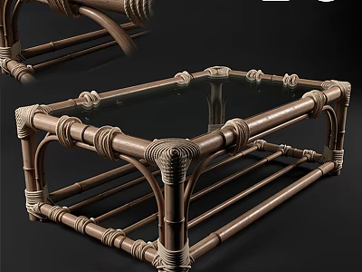 Handcrafted Bamboo Woven Coffee Table With Clear Glass Top And Intricate Design Details 3d model