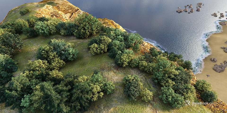 Scenic Natural Landscape With Golden Rocky Hillside Lush Green Trees And Calm Water 3d model 
