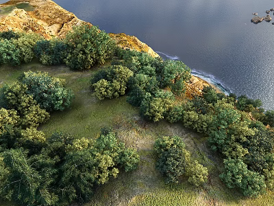 Scenic Natural Landscape With Golden Rocky Hillside Lush Green Trees And Calm Water 3d model
