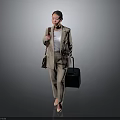 Woman In Beige Suit With White Top Carrying Brown Bag And Black Luggage