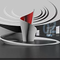 Modern Exhibition Space Interior With Spiral Ceiling Red Triangular Element And Display Screens 3d model