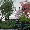 Rockery Stones in Serene Garden with Pond Waterfall Cherry Blossom Trees and Wooden Bridge