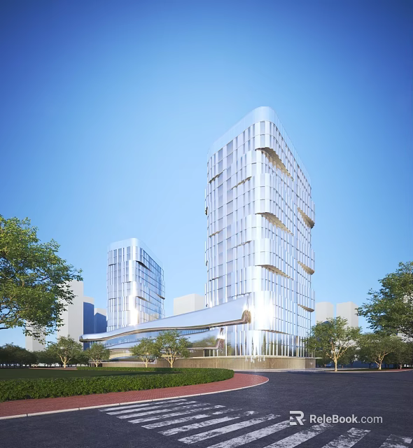 Modern High Rise Office Buildings with Glass Curtain Wall and Green Trees Under Blue Sky 3d model 