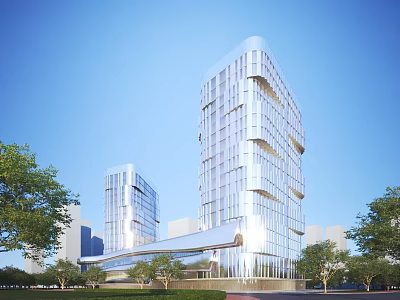 Modern High Rise Office Buildings with Glass Curtain Wall and Green Trees Under Blue Sky 3d model