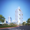 Modern High Rise Office Buildings with Glass Curtain Wall and Green Trees Under Blue Sky