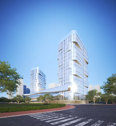 Modern High Rise Office Buildings with Glass Curtain Wall and Green Trees Under Blue Sky 3d model