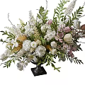 Elegant Flower Arrangement in Black Vase With White Pink Flowers Green Leaves and Decorative Branches