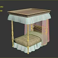 Elegant Bed With Wooden Frame Top Board Beige Mattress And White Canopy
