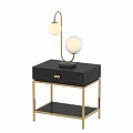 Pelle Table Lamp With White Globe Shades On Black Nightstand With Golden Frame And Drawer