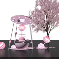 Pink Art Installation With Dome Top Striped Spheres And Cherry Blossom Tree On Dark Background