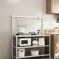 Wooden Kitchen Cabinets Featuring Metal Shelf Microwave Cooking Utensils And Storage Boxes