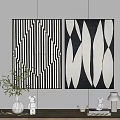 Interior Wall With Black And White Decorative Paintings Geometric And Abstract Leaf Patterns 3d model