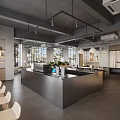 Modern Reception Desk With Metal Counter Pendant Lighting Staircase And Large Windows