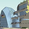 Modern Commercial Complex with High Rise Building Shopping Mall Green Roof Plaza and Pedestrian Area