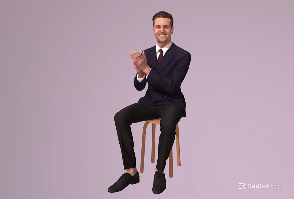 The Man In Dark Suit Sitting On Wooden Stool Clapping Hands Against Light Purple Background 3d model 