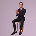 The Man In Dark Suit Sitting On Wooden Stool Clapping Hands Against Light Purple Background