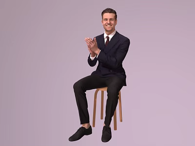 The Man In Dark Suit Sitting On Wooden Stool Clapping Hands Against Light Purple Background 3d model