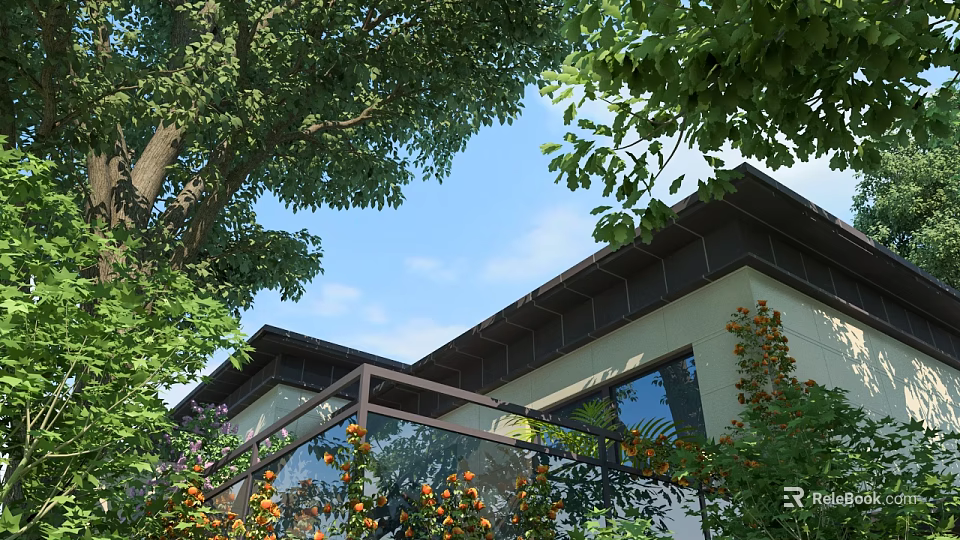 Decorative Outdoor Garden Ornaments With Green Plants Trees And House Balcony Design 3d model 