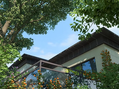 Decorative Outdoor Garden Ornaments With Green Plants Trees And House Balcony Design 3d model