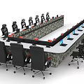 Control Room with Camouflage Console Multiple Monitors and Black Office Chairs 3d model
