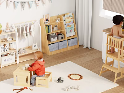 Cozy Living Dining Area Interior With Wooden Floor White Rug High Chair Toys And Bunting Decorations 3d model