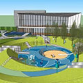 Modern Landscape Design With Circular Plaza Water Pond Pathways Trees And Lawn Areas