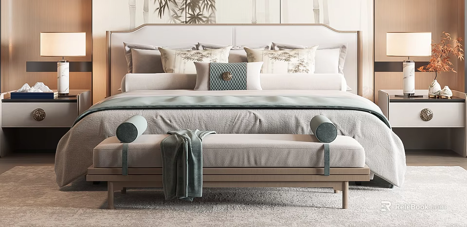 Modern Double Bed With Upholstered Headboard Multiple Pillows And Foot Bench 3d model