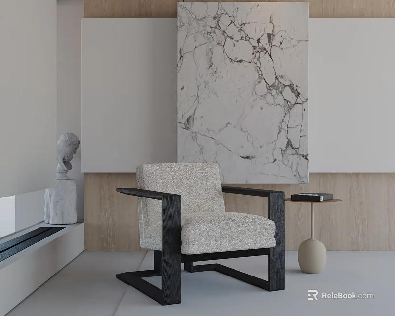 Comfortable Modern Accent Chair With Beige Cushion Black Frame And Marble Wall Art 3d model 
