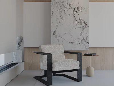 Comfortable Modern Accent Chair With Beige Cushion Black Frame And Marble Wall Art 3d model