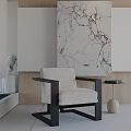 Comfortable Modern Accent Chair With Beige Cushion Black Frame And Marble Wall Art