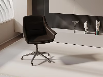 Black Leather Office Chair With Modern Design Metal Casters In Office With Decorative Desk Items 3d model