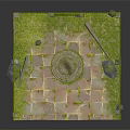 Cartoon Scene Featuring Square Courtyard Brick Walls Stone Pavement Circular Mossy Center and Arched Gate