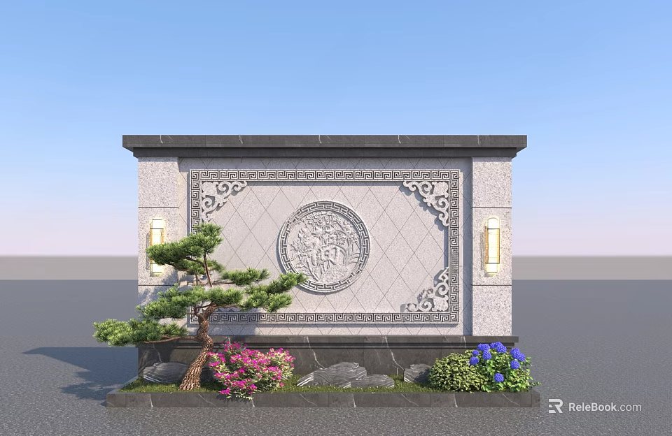 Intricate Carved Chinese Screen Wall With Decorative Lamps Green Plants And Flowers 3d model 