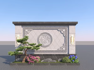Intricate Carved Chinese Screen Wall With Decorative Lamps Green Plants And Flowers 3d model