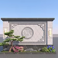 Intricate Carved Chinese Screen Wall With Decorative Lamps Green Plants And Flowers
