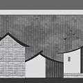 Modern Chinese Style Background Wall With Gray Tiles Bricks And Flying Bird Decorations