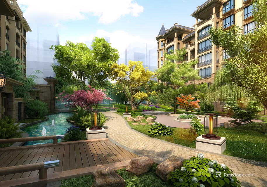 Residential Garden Landscape With Trees Fountain Stone Path Wooden Deck Lawn And Colorful Plants 3d model 