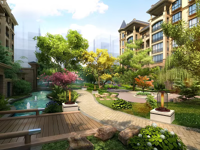 Residential Garden Landscape With Trees Fountain Stone Path Wooden Deck Lawn And Colorful Plants 3d model