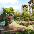 Residential Garden Landscape With Trees Fountain Stone Path Wooden Deck Lawn And Colorful Plants