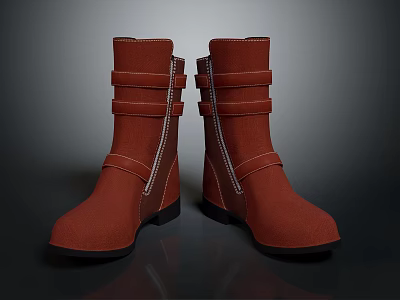 Red Mid Calf Boots With Zipper Straps And Classic Daily Wear Design 3d model