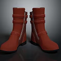 Red Mid Calf Boots With Zipper Straps And Classic Daily Wear Design
