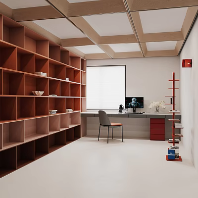 Modern Study Room Interior Design With Wooden Bookshelves Window Desk Computer And Red Cabinet 3d model