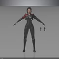 Female Character In Black Bodysuit With Red Shoulders Standing Against Black Background With Small Objects
