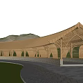 Wooden Pergola With Curved Roof In Grassland Near Distant Hills And Paved Ground
