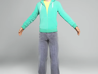 Man in Green Zipper Hoodie with Yellow Inner Shirt and Gray Pants Arms Outstretched 3d model