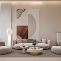 Modern Store Front Desk With Spiral Staircase White Curved Counter And Ambient Lighting