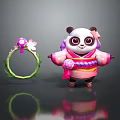 Cute Panda Game Character In Pink Purple Kimono With Flower And Green Ring